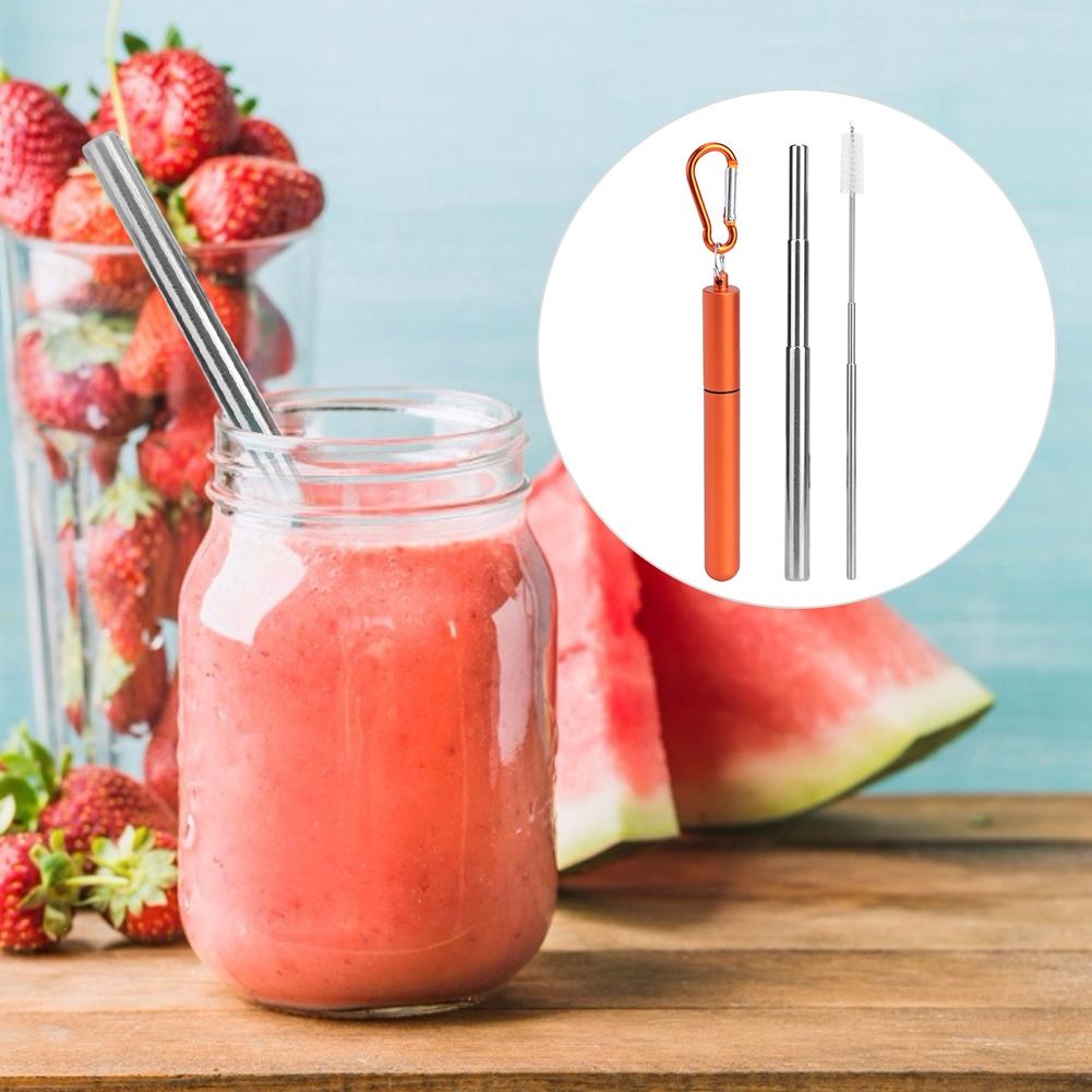 Portable Stainless Steel Retractable Straw Reusable Straw Cleaning Brush Kit for Picnic Orange
