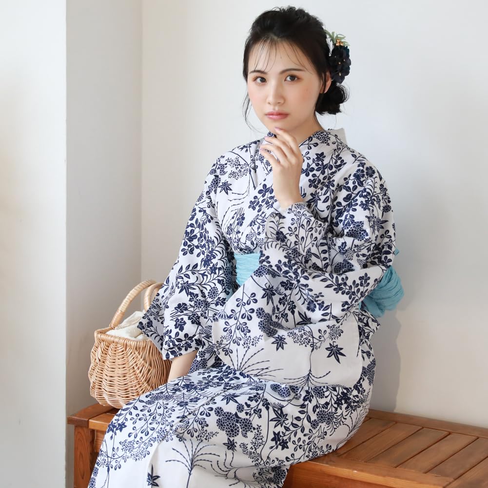 16 Patterns To Choose from Yukata Heko Obi Set Tokimeki Summer Love Yukata Heko Obi 2 Piece Set Small Flowers In Navy Blue On White (16. Background)