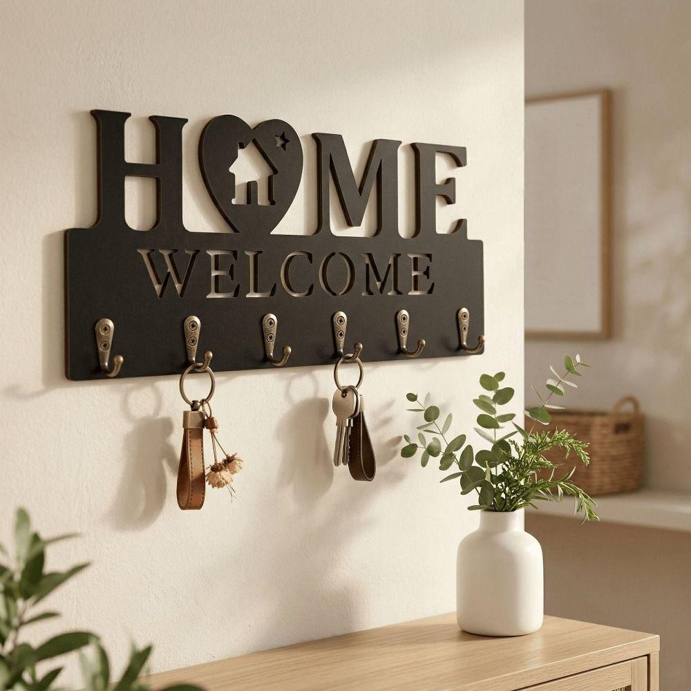 6 Hooks Wall Mount Key Rack Wooden Wall Decorative Hook Key Storage Holder Housewarming Gift