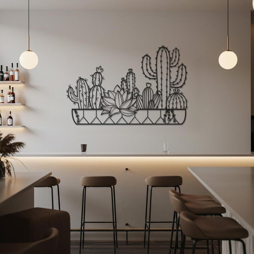 Wrought Iron Cactus Wall Decor, Minimalist Botanical Metal Art, Modern Nature Inspired Sculpture for Living Room Office