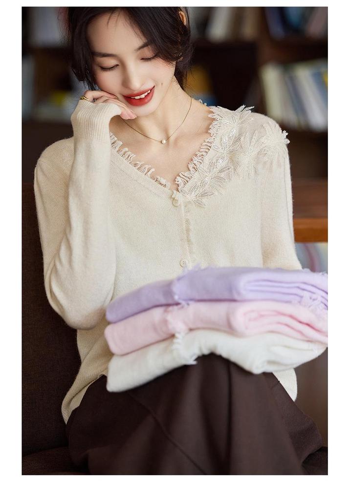 Autumn/Winter Handmade Crochet Lace Fringed 100% Wool Women's V-Neck Knit Cardigan
