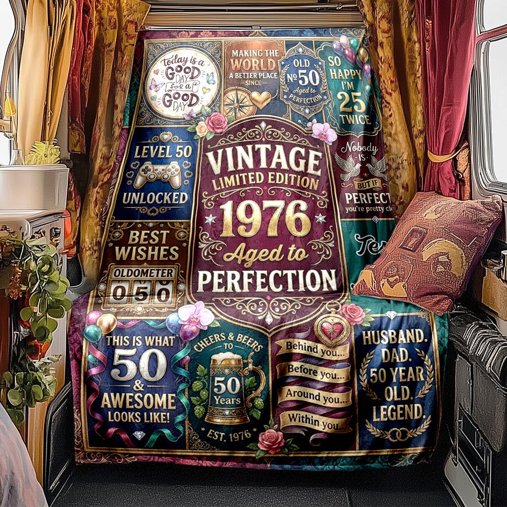 Vintage 1976 Aged To Perfection Celebration Poster Blanket Personalized Name Soft Comfortable Stylish Blanket Car Blanket Perfect For Travel Camping