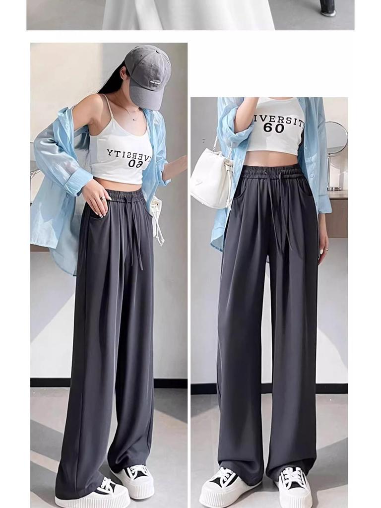 Women's Summer High-Waist Wide-Leg Ice Silk Pants: Lightweight, Sun-Protective, Quick-Dry, Loose, Straight-Leg, and Casual.