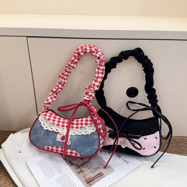 Borsa a mano coreana a blocchi di colore Borsa a tracolla in denim a quadri rossi e patchwork Borsa a tracolla in pizzo Y2k Borsa quadrata piccola con cerniera da ragazza dolce