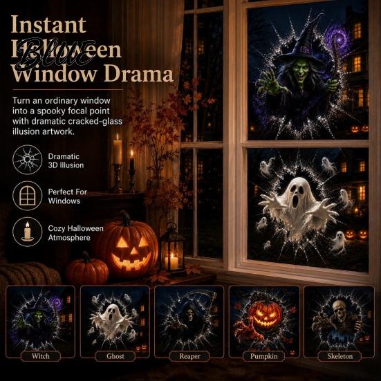 Ghostly Theme Window Art Halloween Stickers Removable Static Cling Decals with Pumpkin Ghost Witch Non Adhesive Clings Patterns Scary Atmosphere