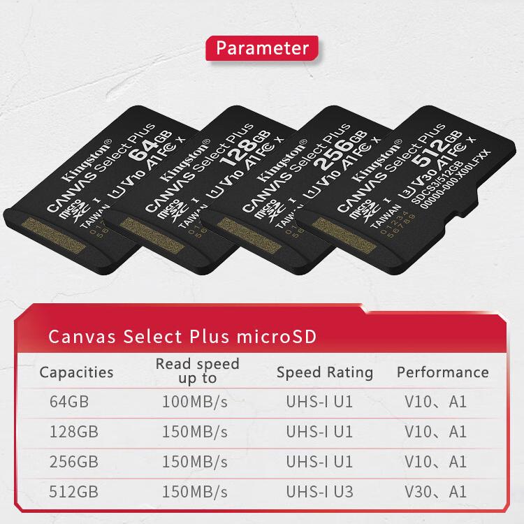 Kingston 128GB Micro SD TF Card Memory Cards 64GB 256GB 512GB microSDXC Card Up To 150MB/s A1 Class 10 UHS-I U1 V10 A2 For Phone Drones Camera GoPro