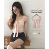 The Pink Women Sheang Slim Fit Lace Shirring Puff Tie Half Sleeve Tee