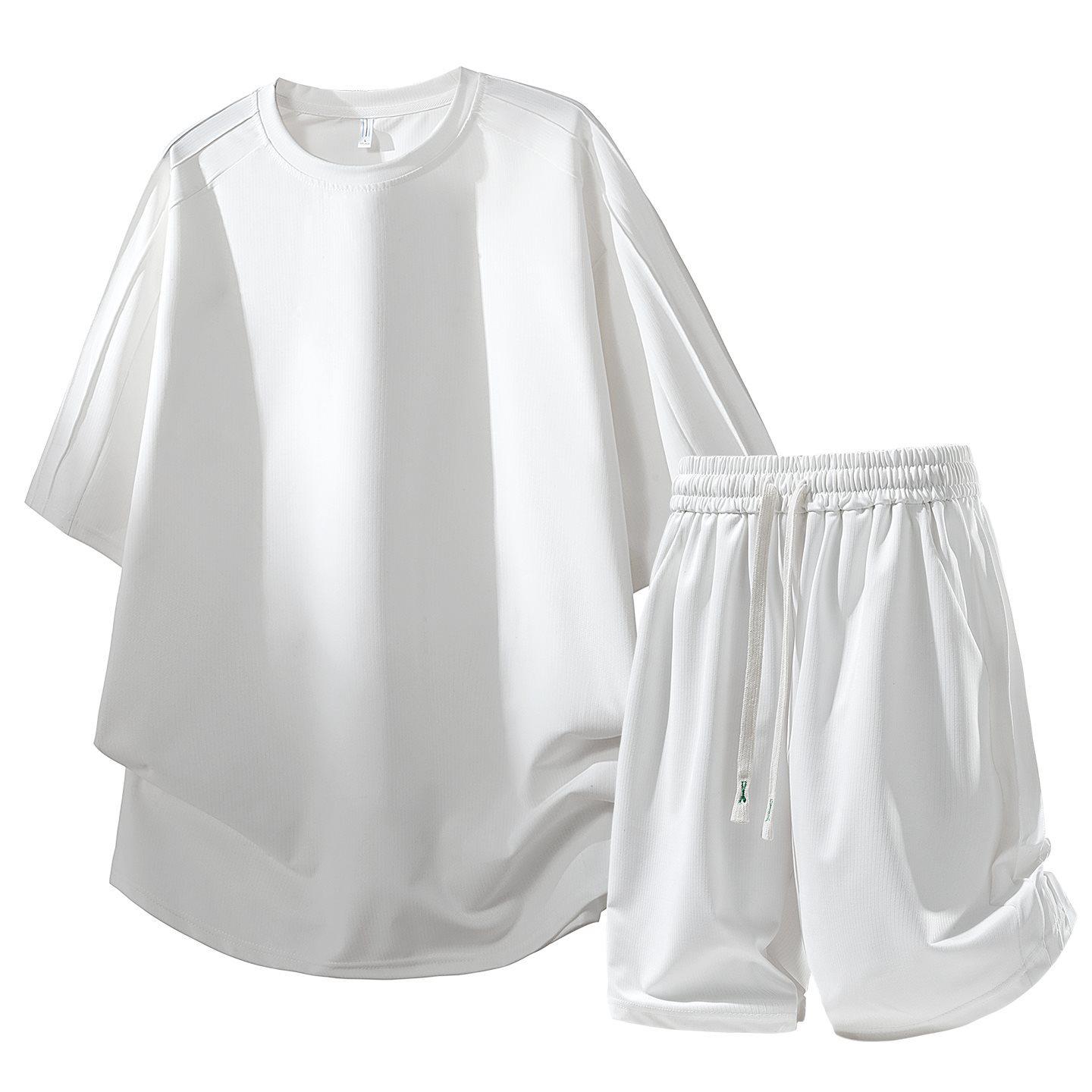 

2026 Spring/Summer Men s Ice Silk Sports Suit: Short Sleeve T-shirt & Shorts Casual Two-Piece Set XL білий