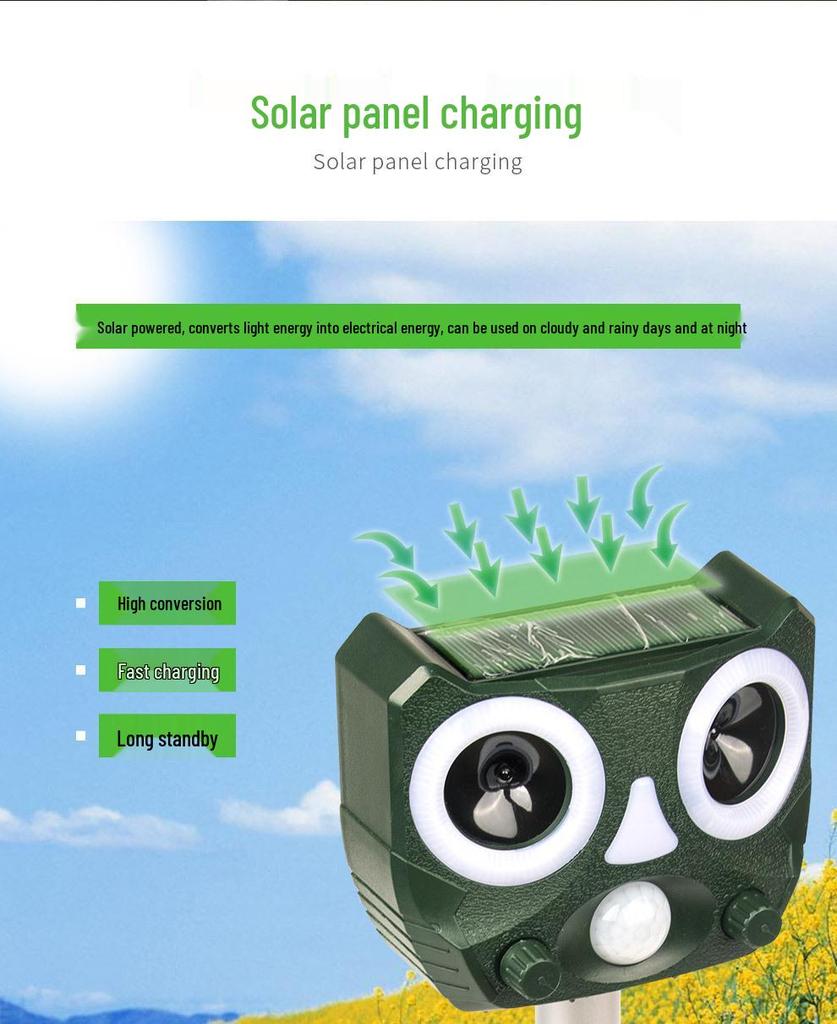 Solar-Powered Ultrasonic Animal Repeller: Waterproof Device for Birds, Rodents, and Cats