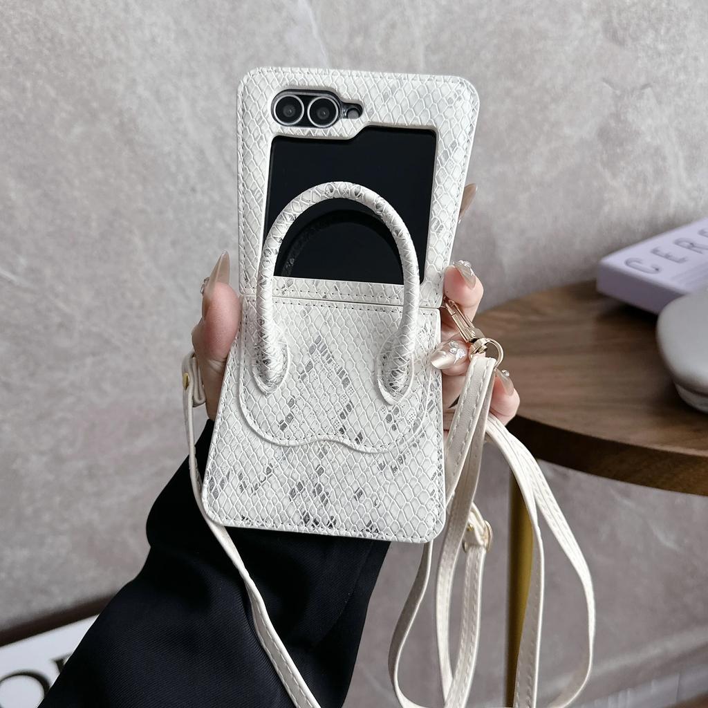 Snake Skin Pattern Handbag Wristband Crossbody PU Leather Phone Case for Samsung Galaxy Z Flip 6 5 4 3 Shockproof Cover