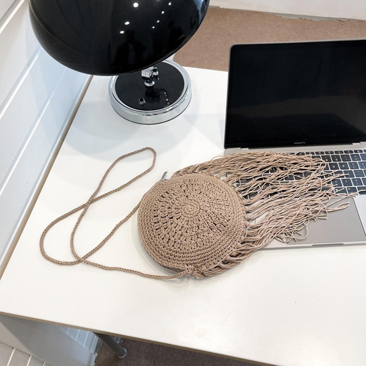 

Yogodlns модная круглая женская сумка ручной работы на плечо, летние путешествия, покупки, соломенные пляжные сумки, женская маленькая сумка-мессенджер с кисточками 19*3*19cm