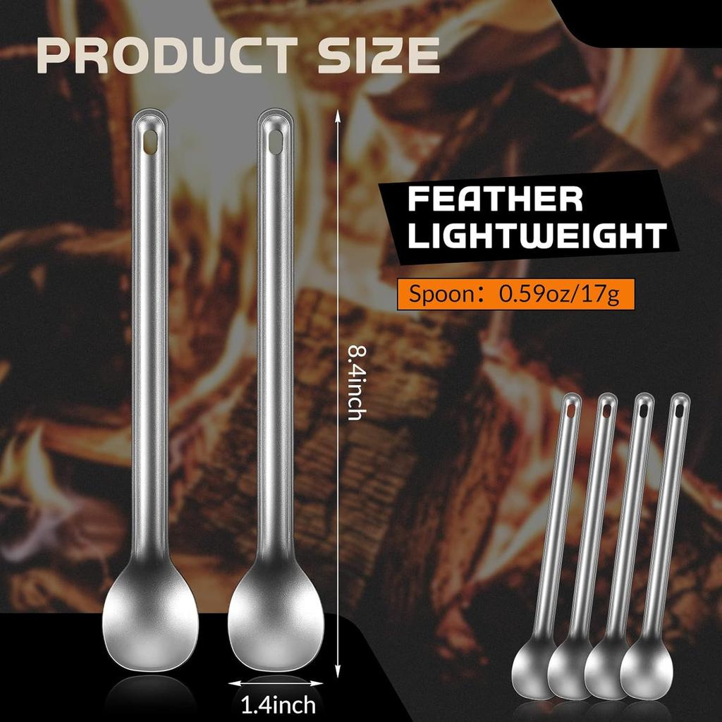 Hoolerry 4 Pieces Camping Spoon Long Handle Spoon Titanium Spoon Lightweight Ultralight Portable Flatware Soup Spoon Utensil for Outdoor Camping