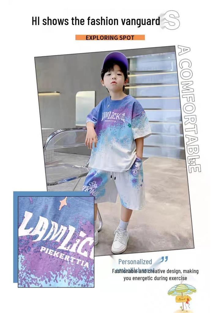 Boys' 2026 Quick-Dry Gradient Sportswear Set: Short-Sleeve Printed Two-Piece Summer Outfit