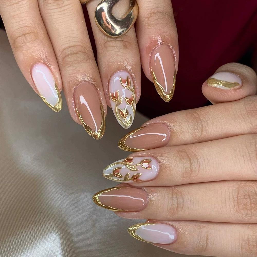 24Pcs Simple Almond Press On Nails Fresh Colorful Flower Design Short Full Cover Fake Nail Tips