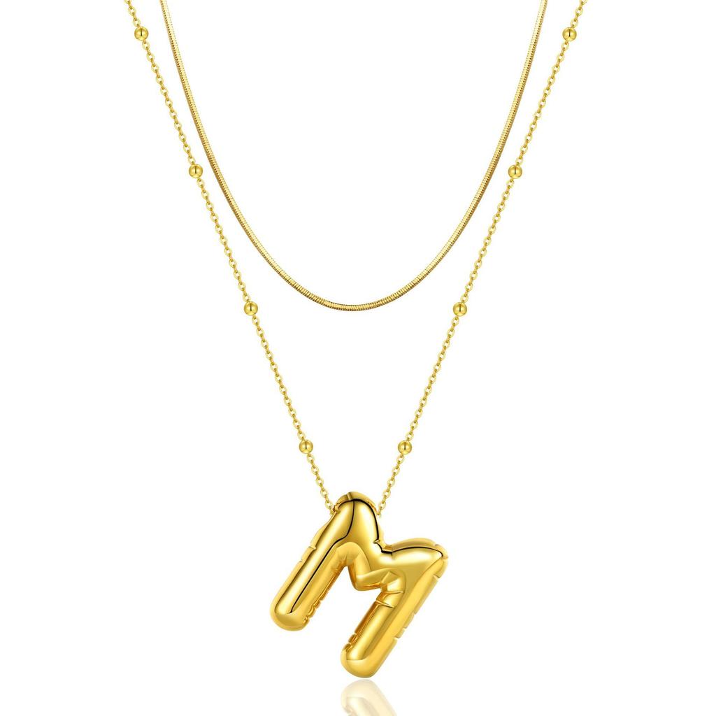 14K Double Round Snake Bone Chain Bead Chain Biscuit Balloon Letter Neck Chain Bubble Letter Foam Letter Necklace