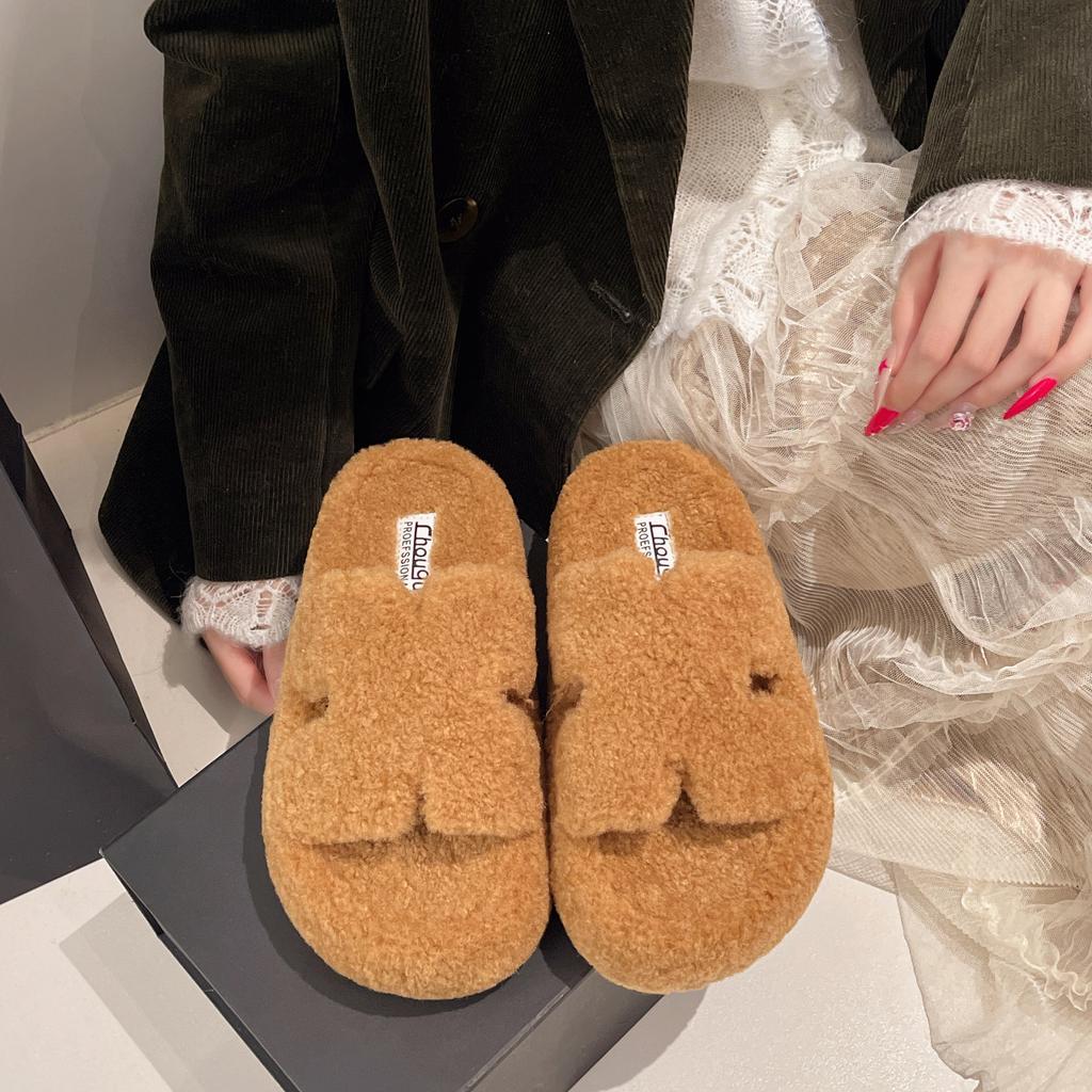 Premium Sense H Soft Bottom Fluffy Slippers Women's Outer Wear 2025 New Autumn and Winter Thick Bottom Wool Roll Home One-word Cotton Mop
