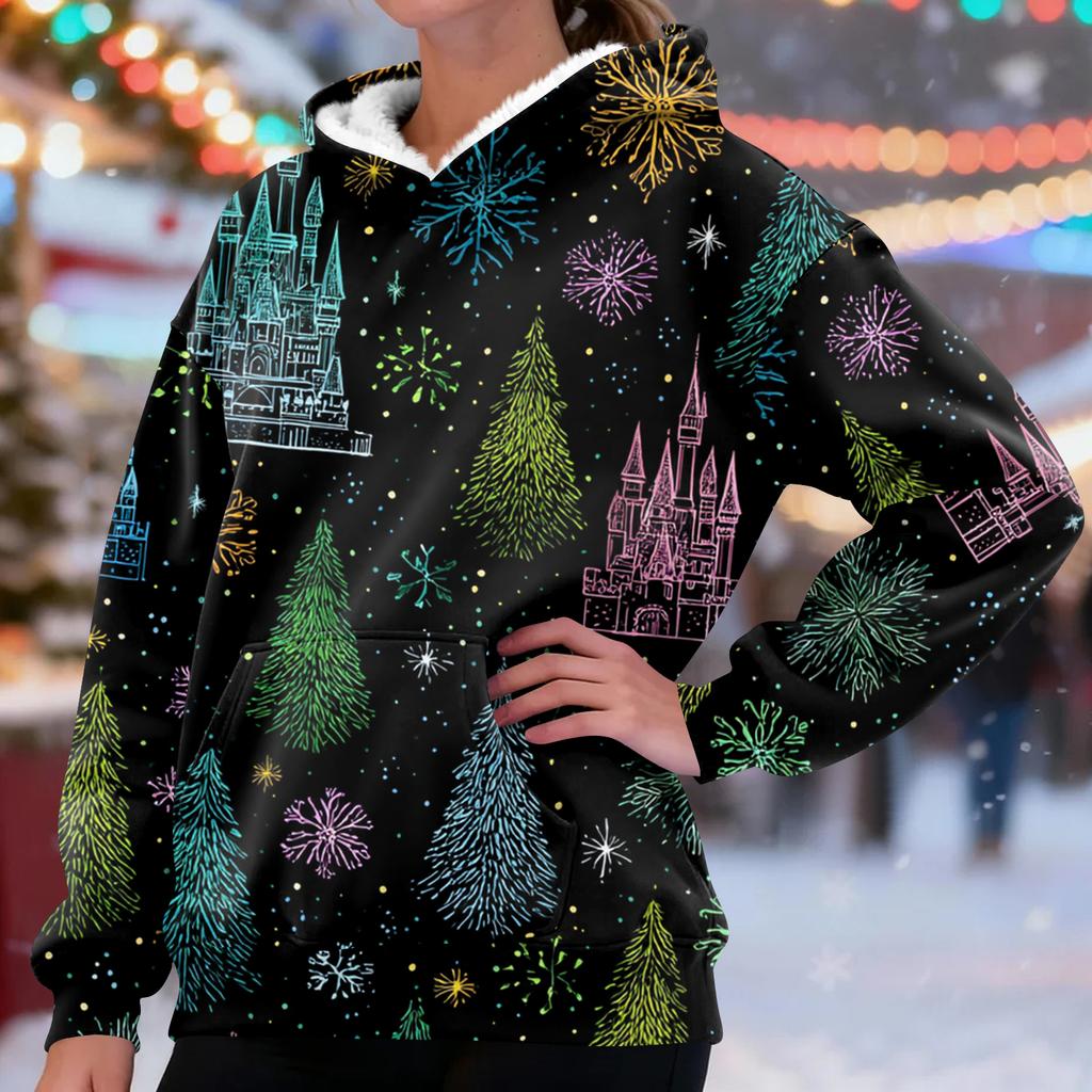 Dame Casual Mote Pluss Fløyel Fortykket Juleprint Hettegenser