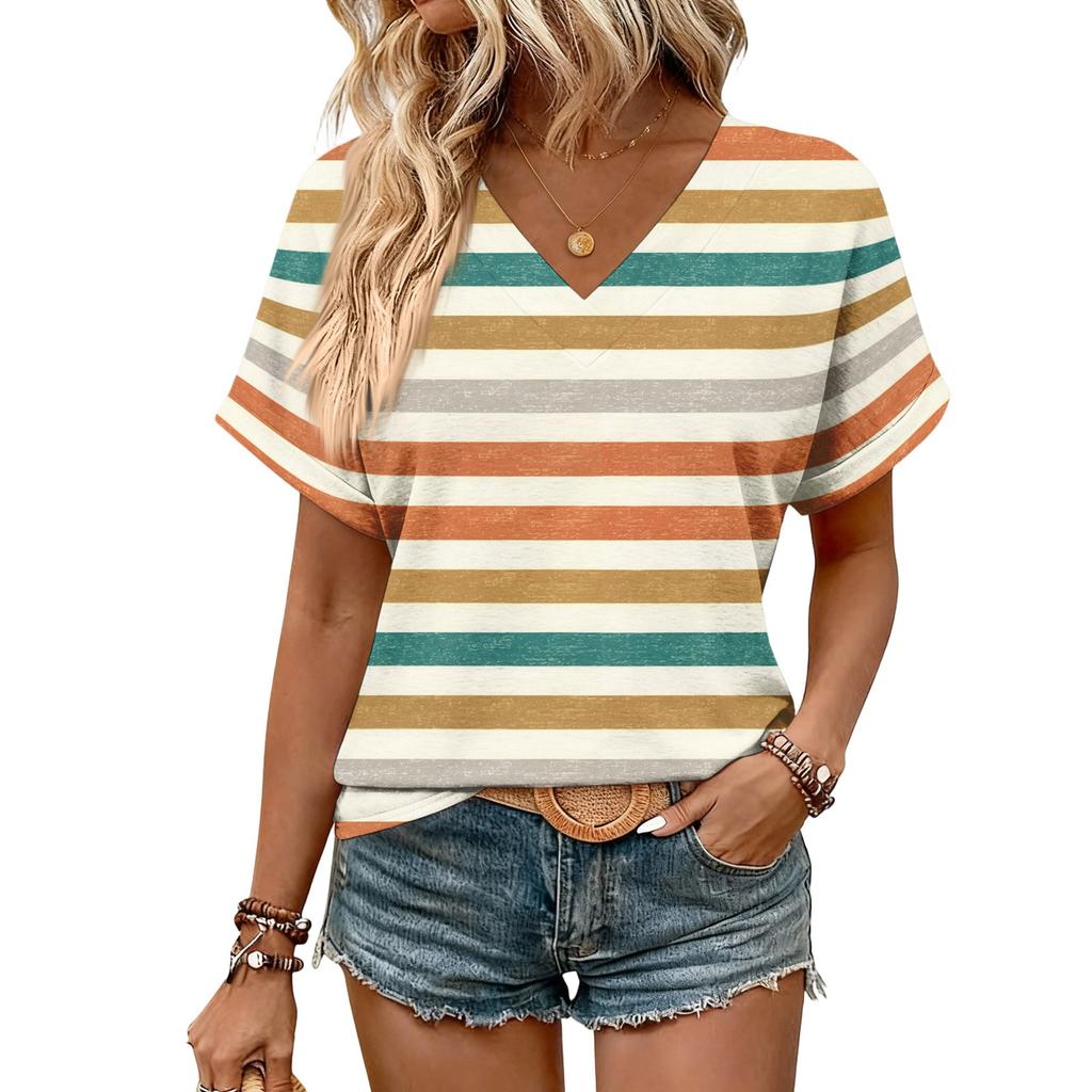 Damen Sommer Oberteile Kurzarm V-Ausschnitt Hemden Lässig Elegant Sommer Blusen Tunika Top