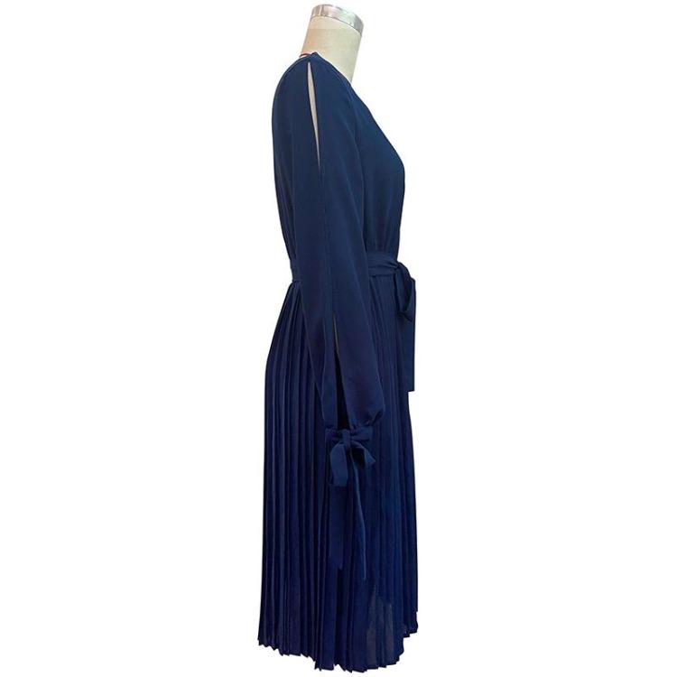 Elegant Hollow Out Long Sleeve V Neck Solid Color Dress for Women Fashion Long Dress Spring Autumn