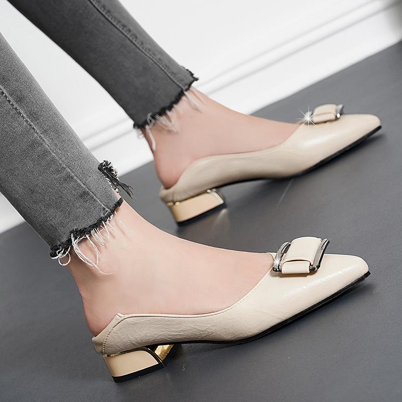 

Fashion Square Heels Pointed Toe Pumps Shoes Leather Med V Mouth Casual Office Lady OL 5 Cm Heel 35 бежевый