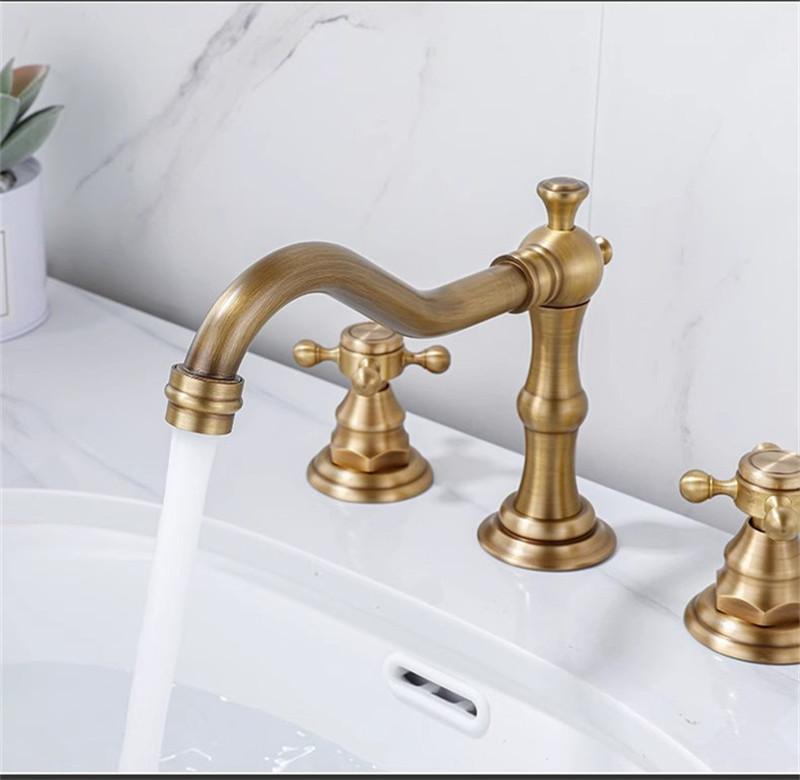 Tuqiu Antique Basin Faucet Brass Gold Bathroom Faucet Chrome Sink Faucet 3 Hole Double Handle Hot & Cold Wash Faucet Water Tap