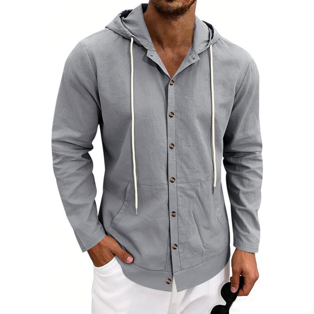 Men's Linen Casual Hooded Long Sleeve Cardigan Shirt for Beach Summer