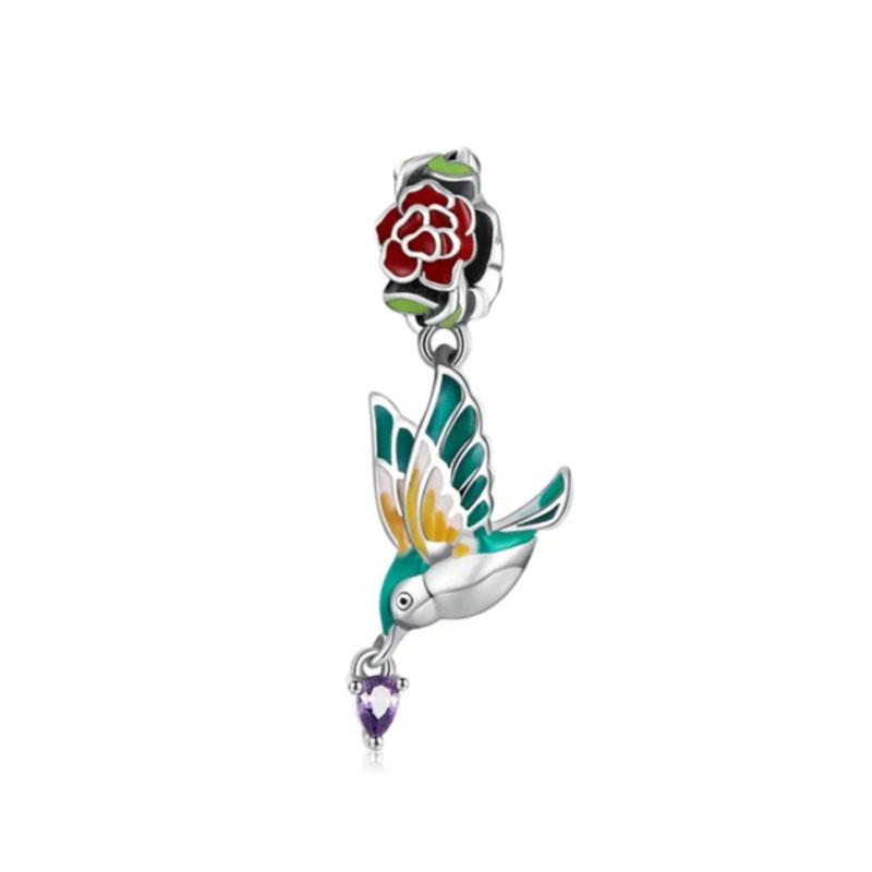 NEW Fine S925 Silver Pink Glass Flamingo Dangle Bead Pendat Fit Original  Bracelet Jewelry Shiny Colored Zircon Bird Charm