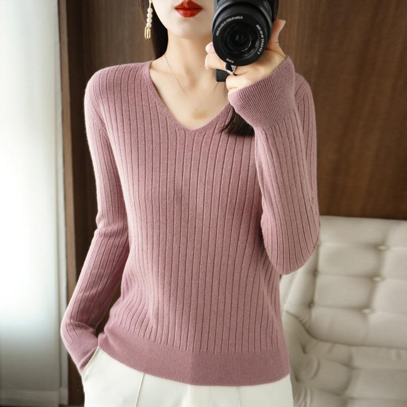 Herbst/Winter V-Ausschnitt Pullover Damen Gestreift Einfarbig Basis Pullover Koreanischer Slim Hoodie Innen Set Damen Warm Lässig Strickpullover