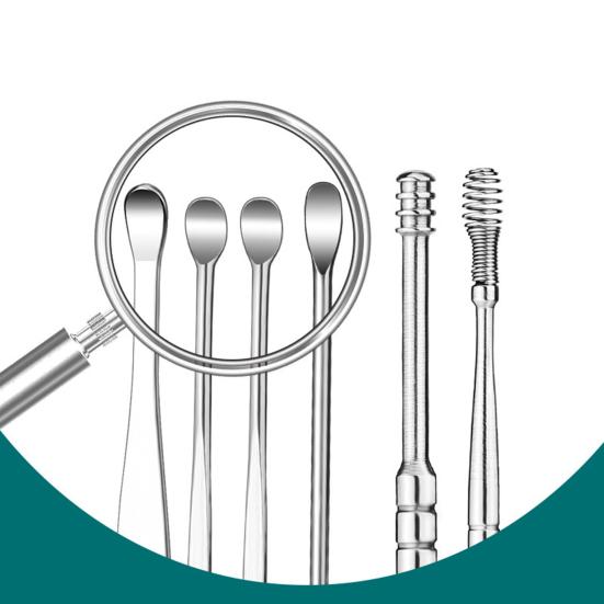 6-Piece Stainless Steel Ear Pick Set Spiral Ear Cleaner Tools with Faux Leather Case Home Ear Care Kit for Home Travel