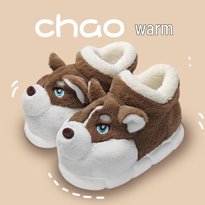 Men's Winter Cartoon Slippers - Plush Velvet, Non-Slip, Closed-Back Cotton Shoes