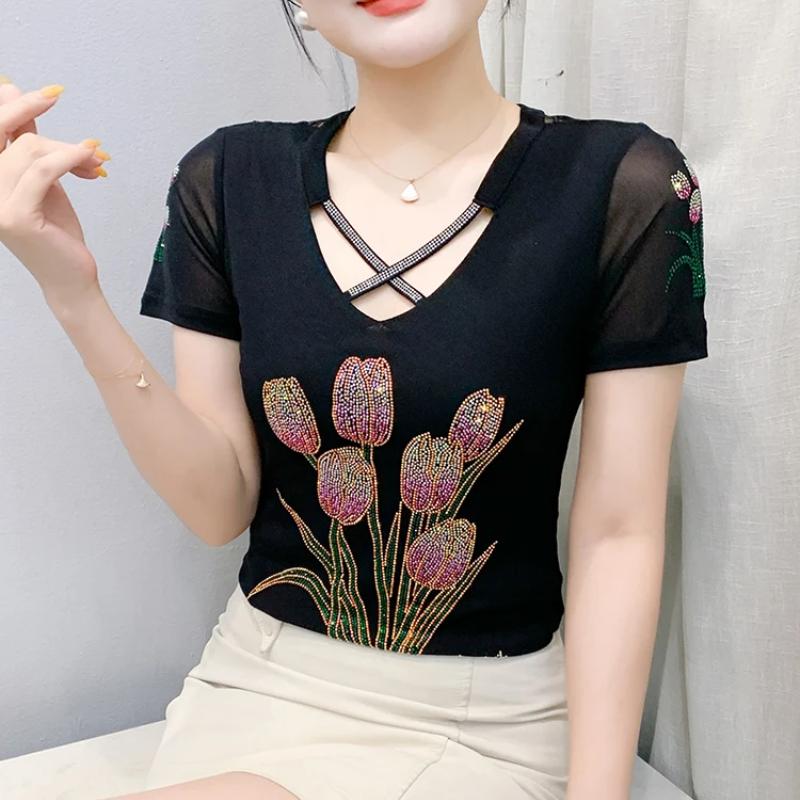 Summer New Fashion Korean Clothes Women's T-shirt Luxury Flower Hot Diamonds Tees Sexy Streetwear Girls Slim Short Sleeve Tops