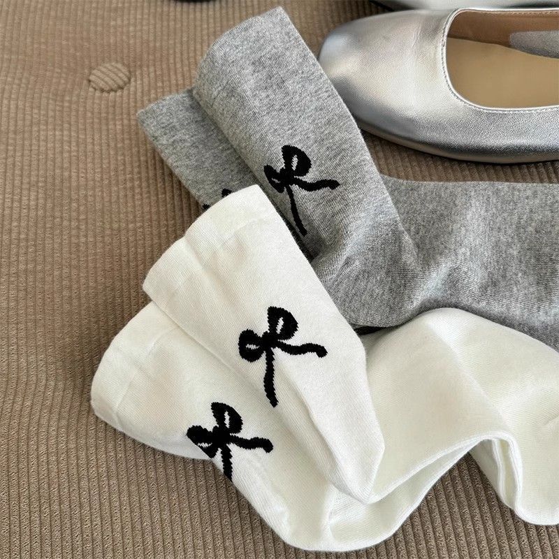 3 Pairs New Mid-calf Socks with Cute Bow At The Heel Women's Slouch Socks Spring/Summer