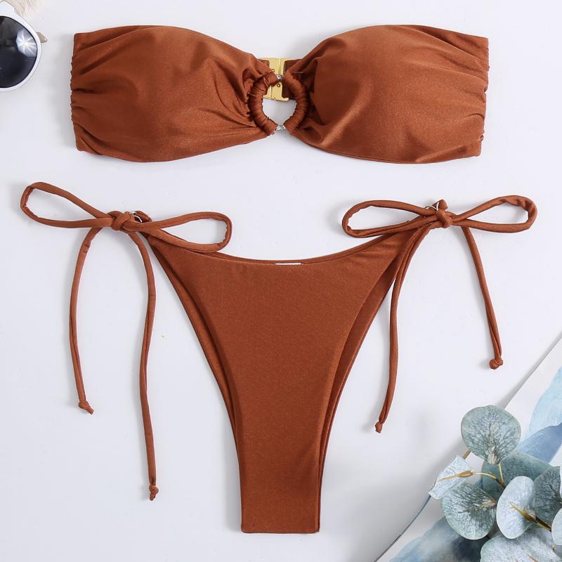 

Летний сексуальный бикини женский купальник бандо 2023 бикини однотонный купальник пуш-ап комплект бикини пляжный L кофейный