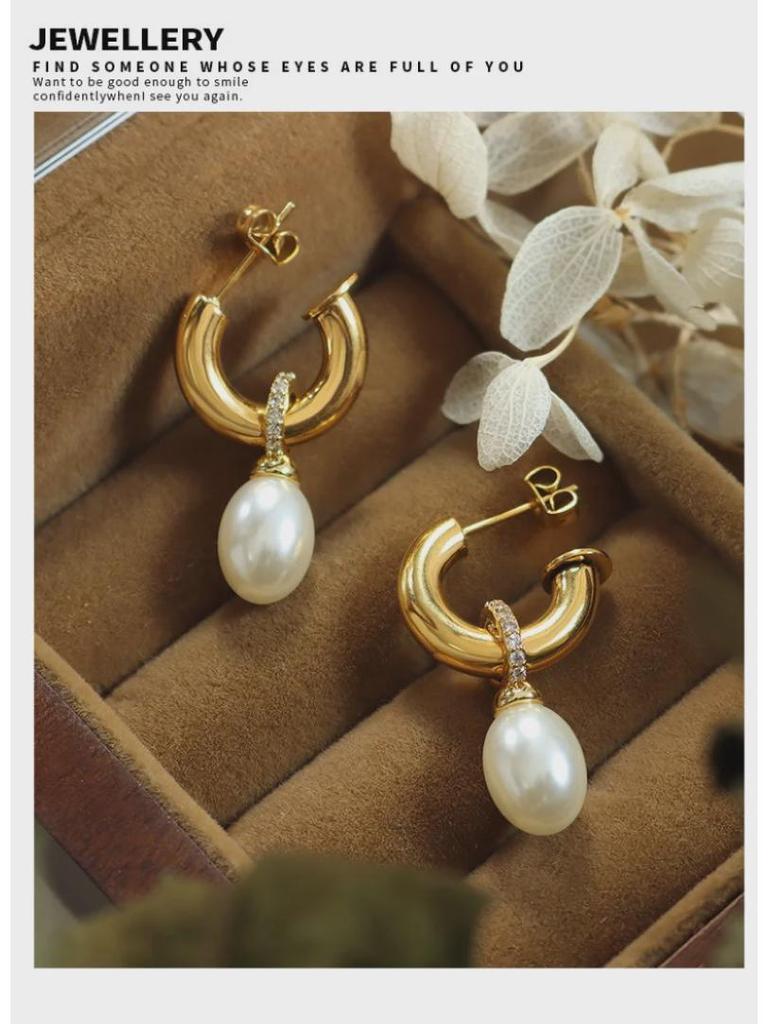 Baroque Pearl C-Shaped Titanium Earrings for Girls - Non-Fading, European & American Style