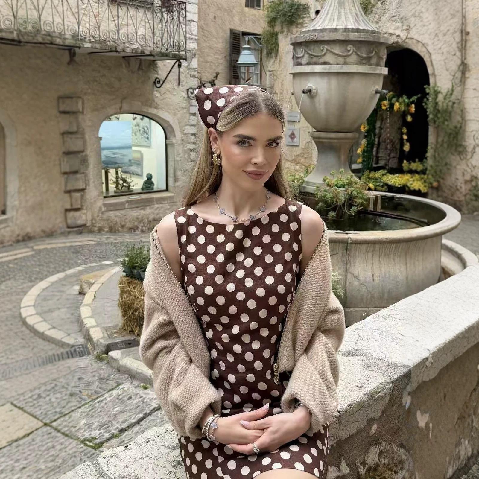 Europe and America 2026 new sweet fashion suit brown polka dot suspender dress S