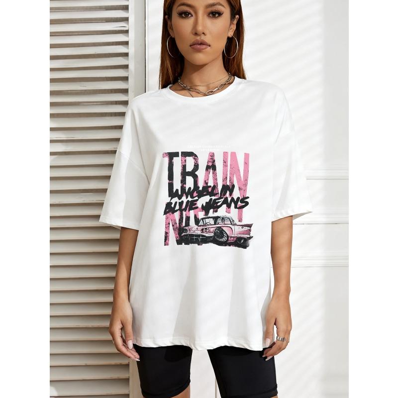 

Oversized T Shirt White Train Wheel In Blue Jeans Graphic Print With Car Design Casual Streetwear For Women XXXXL білий