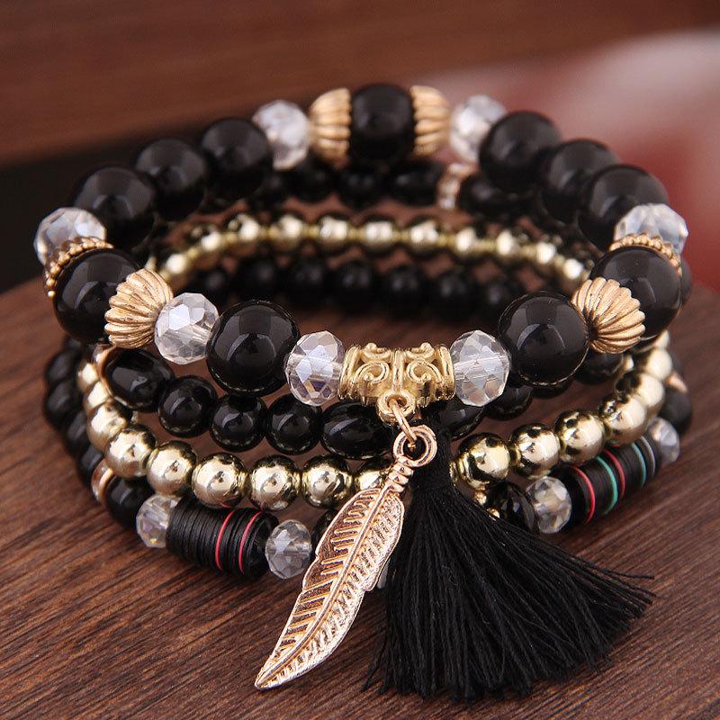 DIEZI Korean Ethnic Bohemian Crystal Beads Leaves Charm Bracelets For Women Girls Elastic Rope Wrap Bracelet Pulseira Feminina