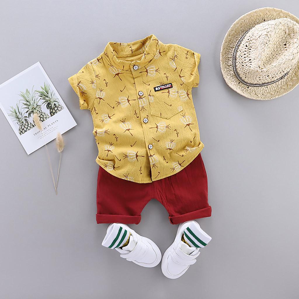 Toddler Kids Baby Boys Cartoon Floral Gentleman Shirt Tops Shorts Outfits Set