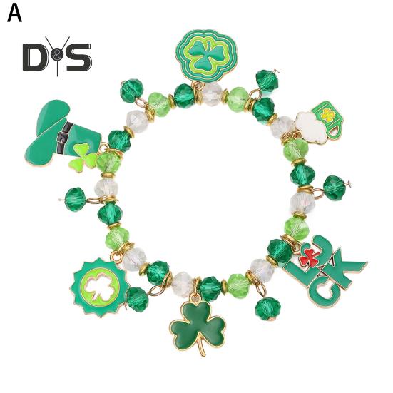 Kleeblatt-Armband St. Patricks Day Irischer Perlenschmuck mit Glasperlen und Anhängern, Glücksbringer-Armband für festliche Feiern, elastisches Kleeblatt
