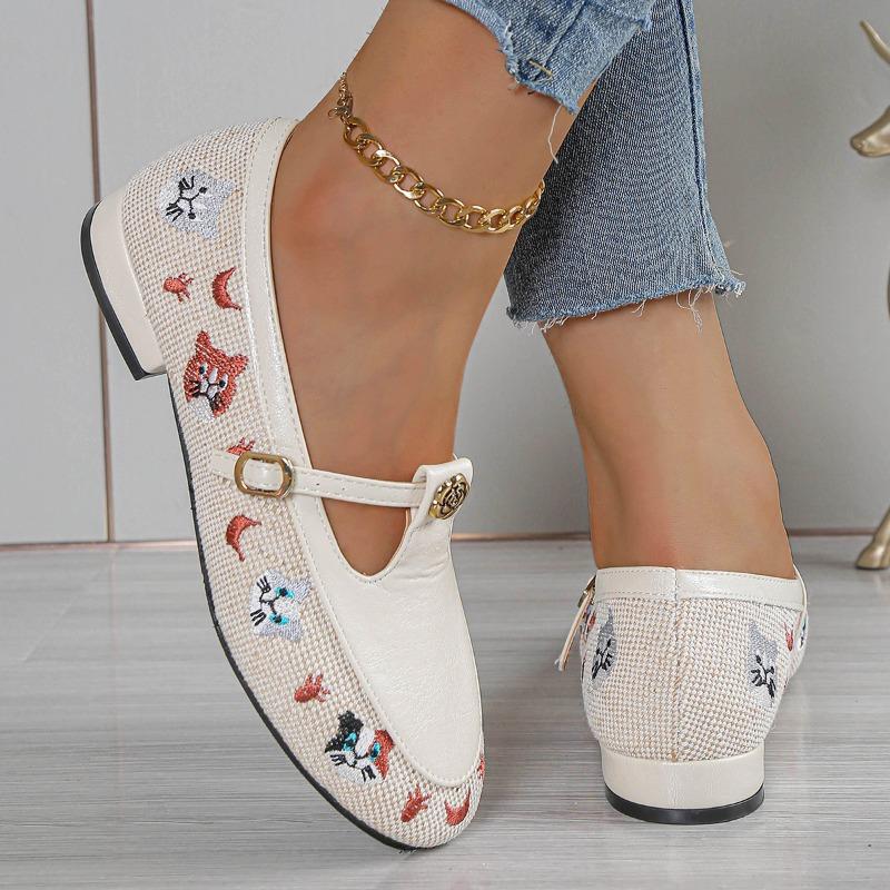 Fashion Low Heel Single Shoes Women's Fashion Round Toe Shallow Mouth Embroidered One Strap Anti-Slip Wear-Resistant Low Top Shoes