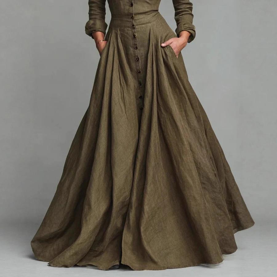 Women's Ins Style Solid Buttoned Shirt Collar Long Sleeve Maxi Dress