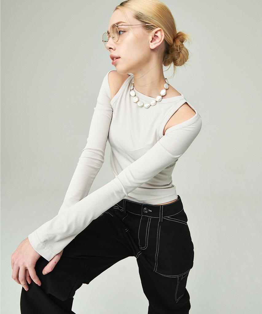 Amadyu Slim Cutout Ribbed Stitch T-Shirt Slim Fit Cutout Top T-Shirt_Cream Beige