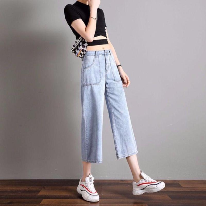 Korean Style Loose Student Wide-leg Jeans Women Summer Thin Simple Straight-leg Pants Women's High Waist Cropped Trousers