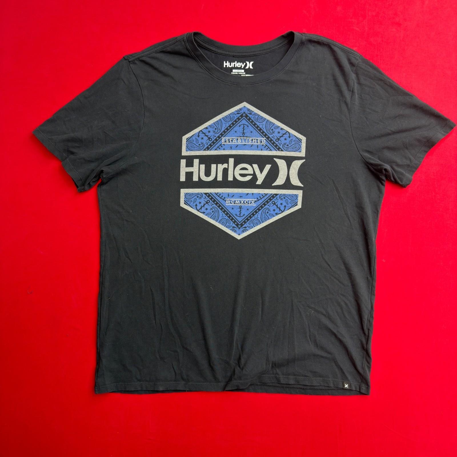 Hurley Mens Graphic T-Shirt Black Blue Logo Short Sleeve Crew Neck Size XL S