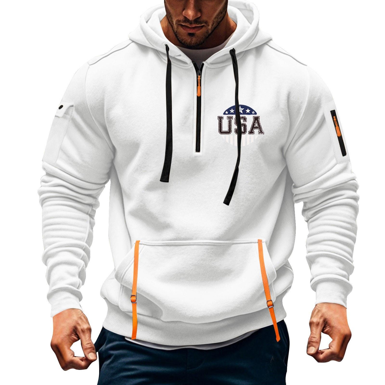 Мужская толстовка с капюшоном с принтом, кардиган на молнии с карманом на рукаве, мужская спортивная повседневная толстовка большого размера M белый