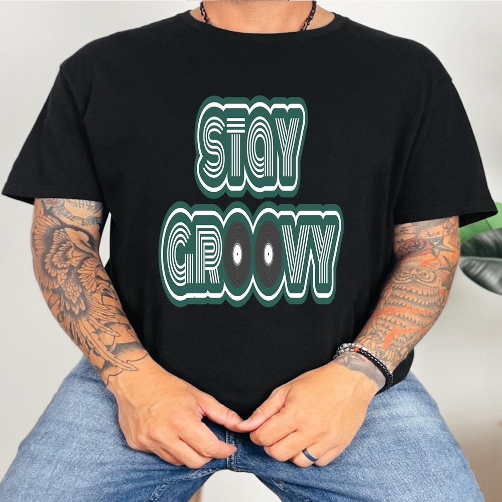 Retro T-Shirt Bleib Groovy Schallplatten Grafik T-Shirt 70er Jahre Musik Disco Shirt