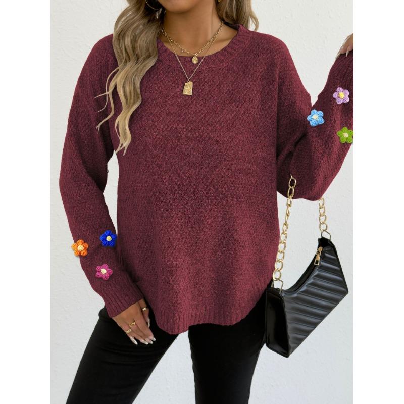 Women European Size Long Sleeve Crew Neck Crochet Flower Patchwork Pullover Sweater