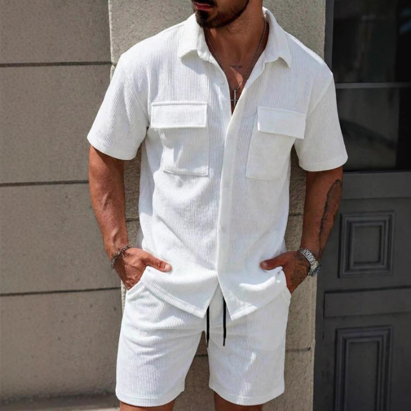 

Men Corduroy 2 Piece Outfit Short Sleeve Button Down Shirt And Drawstring Shorts Set S белый