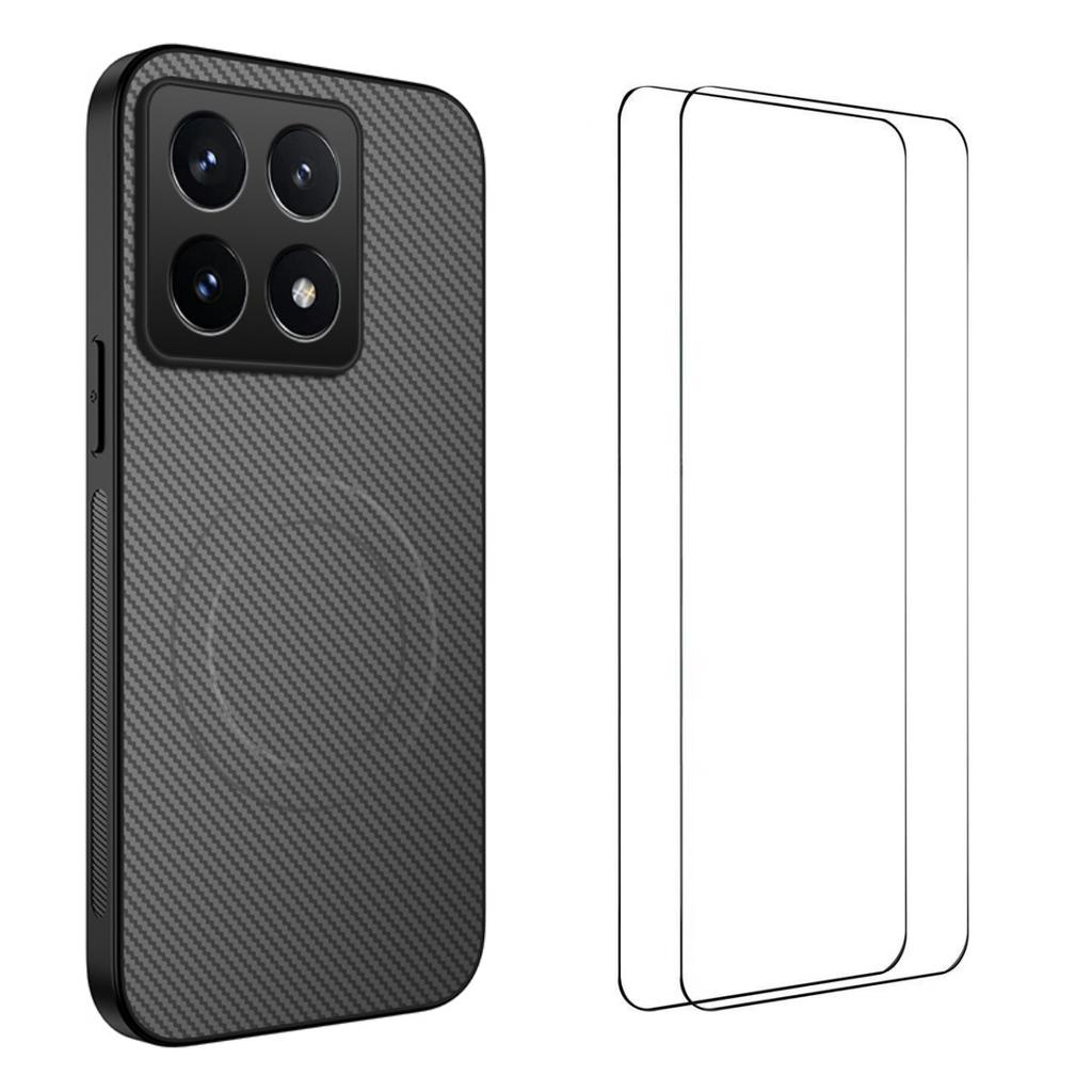 For Xiaomi 14T Pro Magnetic Case WANLONFENG TQ1 Series Carbon Fiber Texture PC TPU Phone Cover with 2Pcs Screen Films