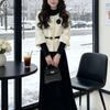 Women's Winter Three-Piece French Coco Style: Regular Shoulder Jacket, Fitted Knit Top, Waist-Cinched Skirt